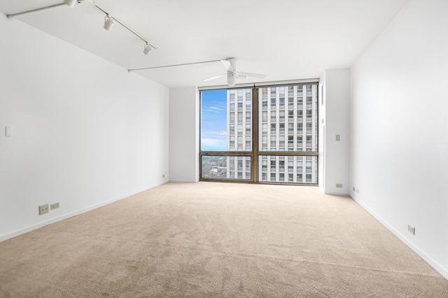 empty room featuring carpet flooring, a wall of windows, a ceiling fan, rail lighting, and baseboards