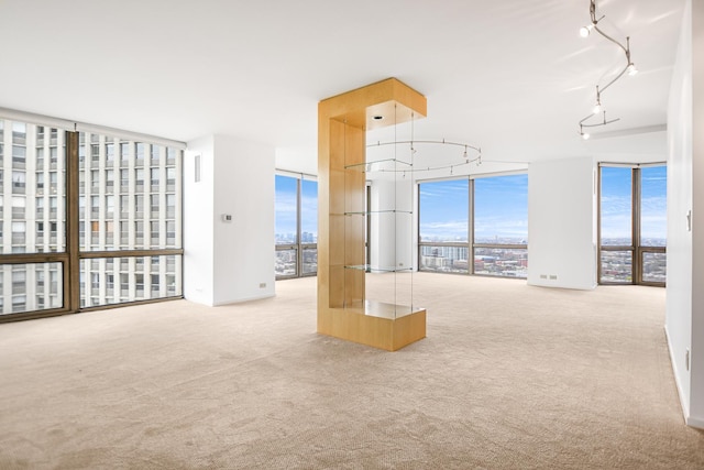 unfurnished living room with a wall of windows and carpet flooring