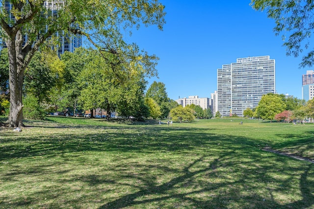 view of home's community with a lawn and a view of city