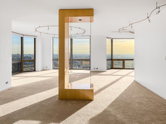 hallway with carpet floors and rail lighting