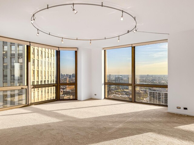 spare room featuring expansive windows, carpet floors, a view of city, and baseboards