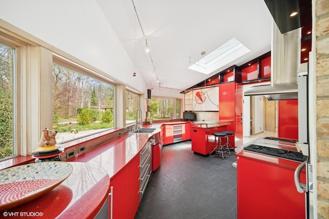 kitchen with red cabinetry, decorative backsplash, a skylight, a sink, and high vaulted ceiling