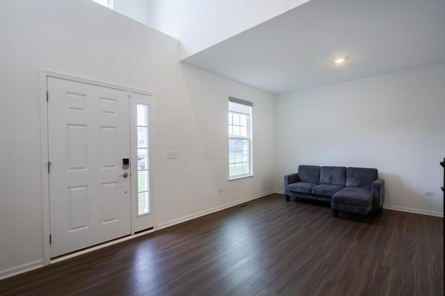 foyer with baseboards and dark wood-style flooring