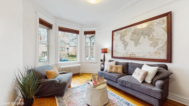 sitting room featuring radiator heating unit, baseboards, and wood finished floors