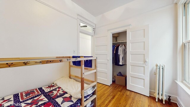 bedroom with radiator heating unit, light wood-style flooring, a closet, and multiple windows