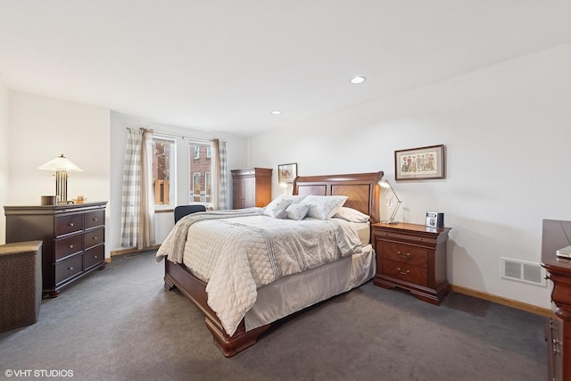 bedroom with visible vents, recessed lighting, baseboards, and dark carpet