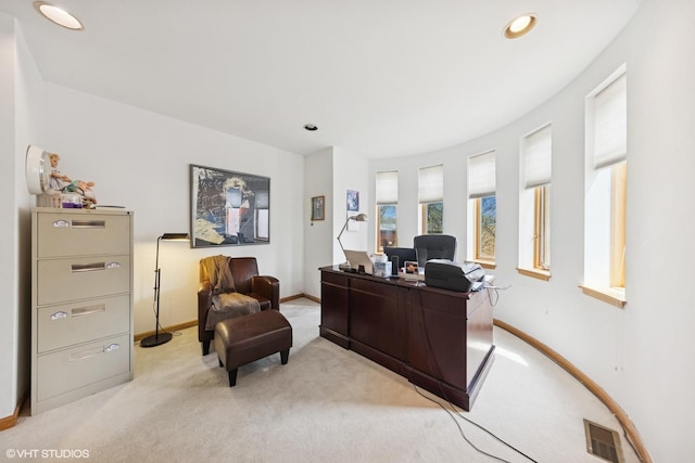 office with baseboards, visible vents, recessed lighting, and light colored carpet