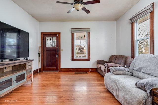 2021 1st St, Peru, IL 61354 - living room with ceiling fan, light wood-type flooring, visible vents, and baseboards