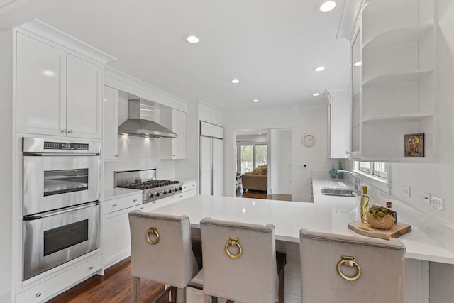 91 Wagner Rd, Northfield, IL 60093 - kitchen with open shelves, a sink, stainless steel appliances, wall chimney exhaust hood, and white cabinetry