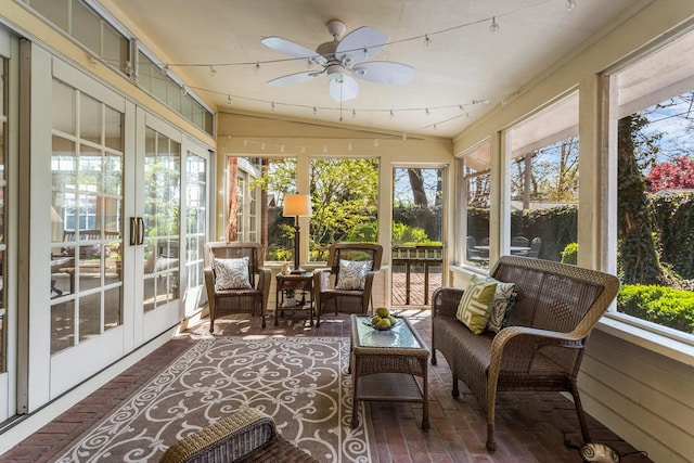 915 W Clark St, Champaign, IL 61821 - sunroom featuring a ceiling fan, lofted ceiling, an outdoor living space, french doors, and rail lighting