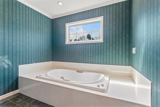 915 W Clark St, Champaign, IL 61821 - bathroom featuring tile patterned flooring, a garden tub, baseboards, crown molding, and wallpapered walls