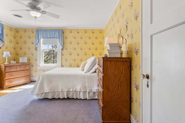 915 W Clark St, Champaign, IL 61821 - bedroom featuring wallpapered walls, crown molding, carpet floors, and a ceiling fan