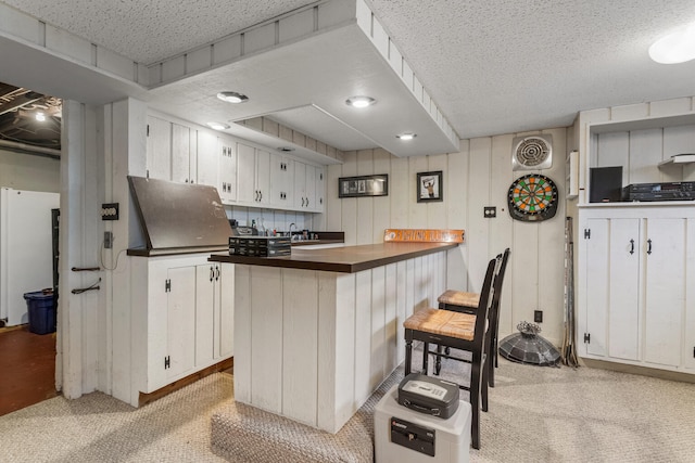 915 W Clark St, Champaign, IL 61821 - kitchen featuring white cabinetry, light colored carpet, a breakfast bar area, a textured ceiling, and a peninsula