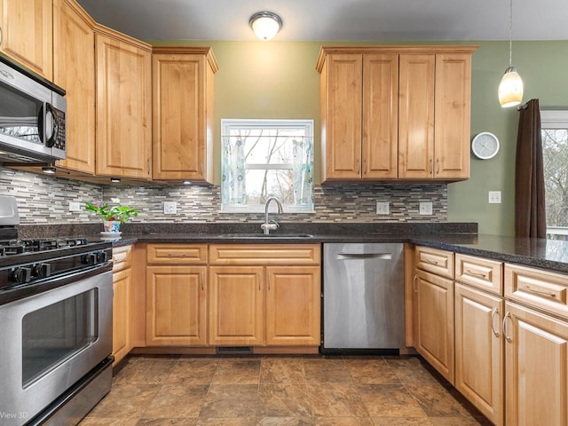 kitchen featuring a sink, tasteful backsplash, a wealth of natural light, and stainless steel appliances