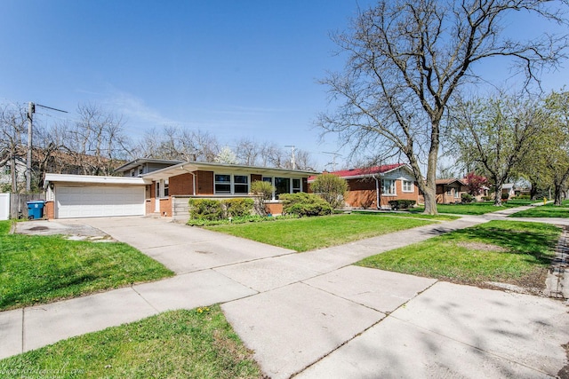 single story home with driveway, a front yard, fence, brick siding, and a garage