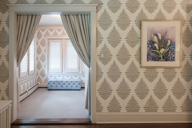 938 Edgemere Ct, Evanston, IL 60202 - bedroom with wallpapered walls, a baseboard radiator, and carpet floors