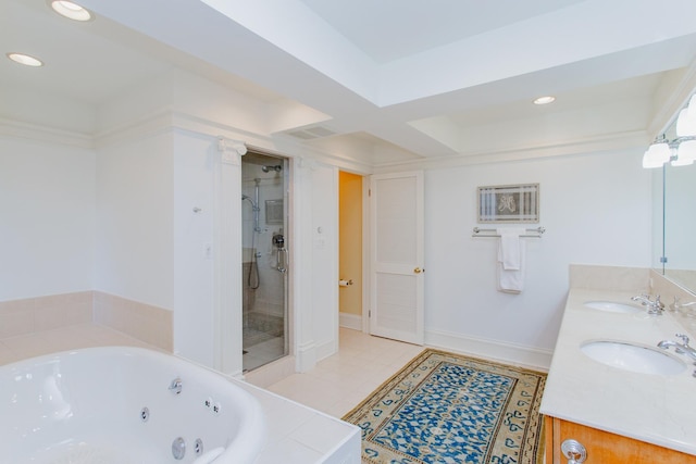 938 Edgemere Ct, Evanston, IL 60202 - full bathroom with a stall shower, a jetted tub, double vanity, and recessed lighting