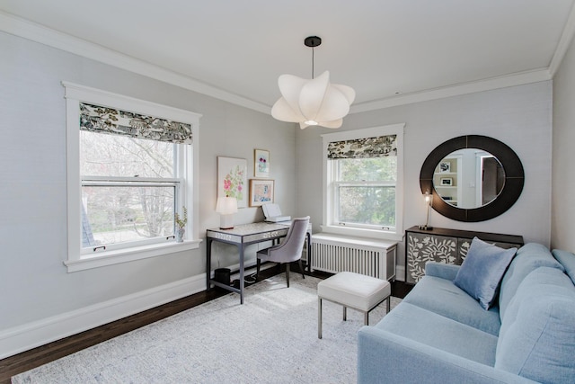 938 Edgemere Ct, Evanston, IL 60202 - office area with radiator, wood finished floors, ornamental molding, and baseboards