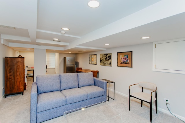 938 Edgemere Ct, Evanston, IL 60202 - living room featuring light carpet, recessed lighting, baseboards, and beamed ceiling
