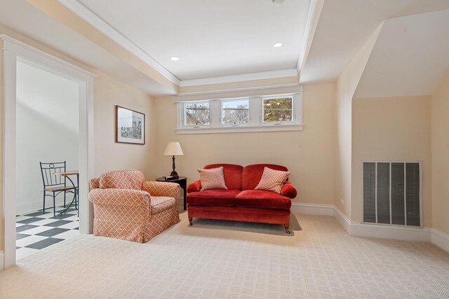 938 Edgemere Ct, Evanston, IL 60202 - sitting room with baseboards, ornamental molding, a tray ceiling, recessed lighting, and carpet flooring