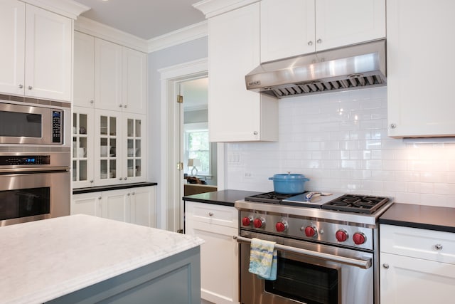 938 Edgemere Ct, Evanston, IL 60202 - kitchen featuring stainless steel appliances, under cabinet range hood, tasteful backsplash, white cabinetry, and crown molding