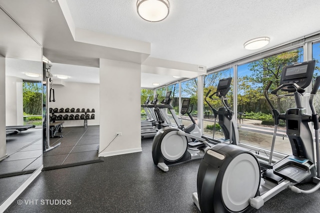 exercise room featuring plenty of natural light and a textured ceiling