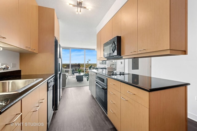 kitchen with black appliances, a wall of windows, light brown cabinetry, dark wood-style floors, and dark countertops