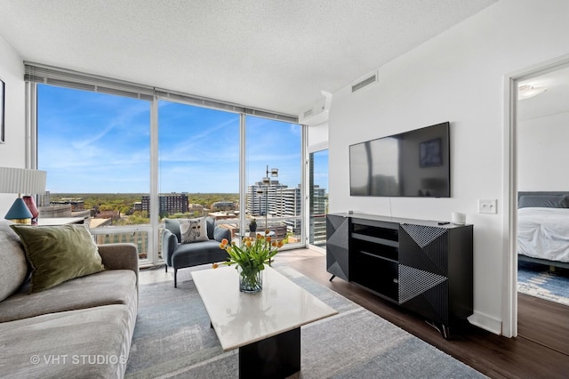 living room featuring floor to ceiling windows, wood finished floors, and a textured ceiling