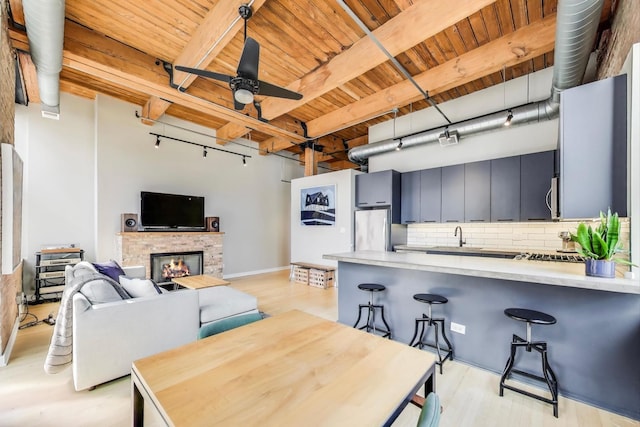 kitchen featuring wood ceiling, ceiling fan, decorative backsplash, appliances with stainless steel finishes, and light countertops