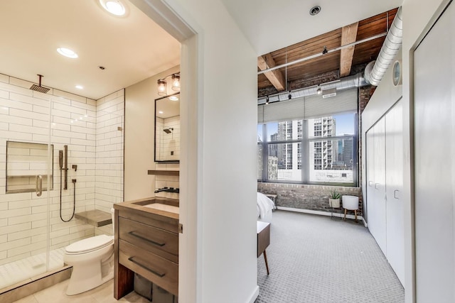 full bath featuring vanity, toilet, recessed lighting, a shower stall, and beamed ceiling