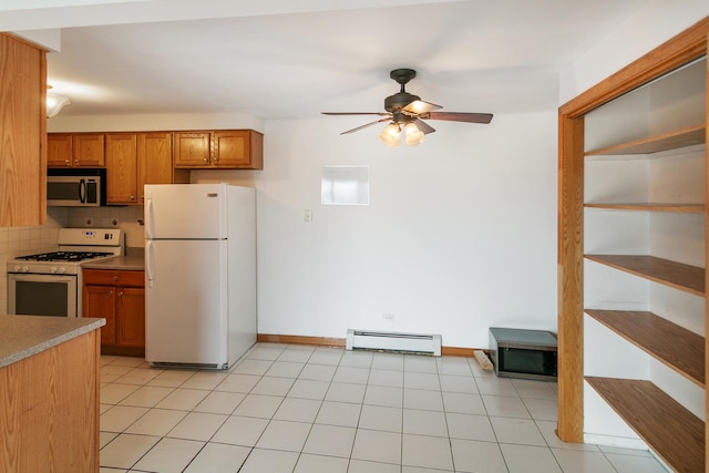 9407 S Roberts Rd Unit 3Se, Hickory Hills, IL 60457 - kitchen featuring brown cabinets, decorative backsplash, ceiling fan, white appliances, and a baseboard radiator