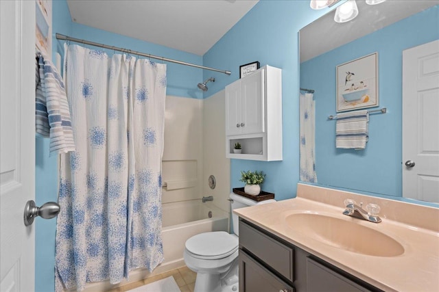 bathroom with vanity, shower / bath combo, and toilet