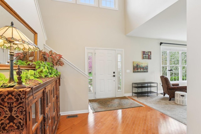 34457 N Bluestem Rd, Round Lake, IL 60073 - foyer with baseboards, visible vents, wood finished floors, and a towering ceiling