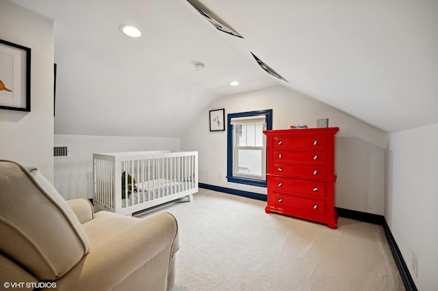 bedroom featuring carpet flooring, visible vents, baseboards, vaulted ceiling, and recessed lighting