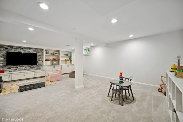 playroom featuring carpet floors, baseboards, and recessed lighting