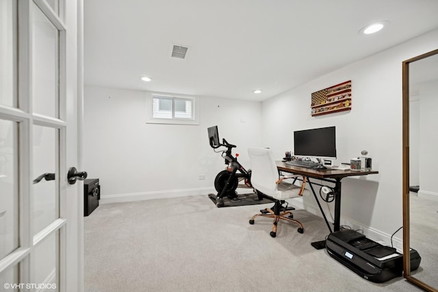 office area with carpet floors, baseboards, visible vents, and recessed lighting