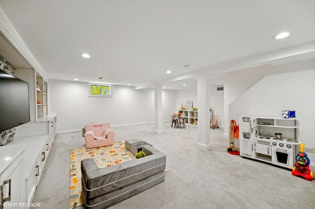 rec room featuring light carpet, baseboards, and recessed lighting