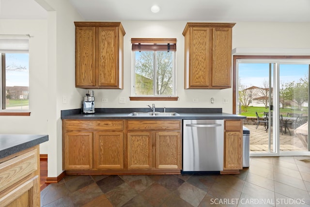 kitchen with dishwasher, brown cabinetry, dark countertops, and a sink