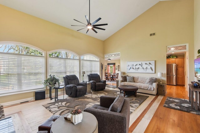7160 Bannockburn Cir, Lakewood, IL 60014 - living room featuring ceiling fan, high vaulted ceiling, visible vents, and light wood-style floors