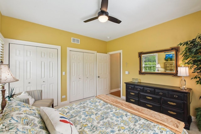 7160 Bannockburn Cir, Lakewood, IL 60014 - bedroom with two closets, baseboards, a ceiling fan, and visible vents