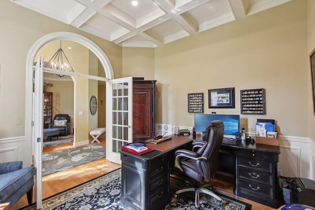 7160 Bannockburn Cir, Lakewood, IL 60014 - office with coffered ceiling, wainscoting, wood finished floors, and beam ceiling
