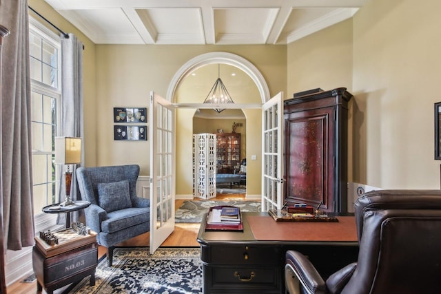 7160 Bannockburn Cir, Lakewood, IL 60014 - office area featuring arched walkways, french doors, coffered ceiling, and wood finished floors