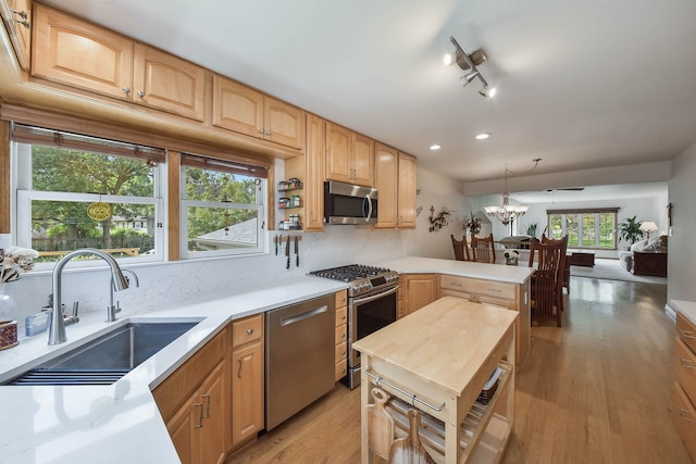 kitchen featuring light wood-type flooring, a sink, light countertops, a peninsula, and stainless steel appliances
