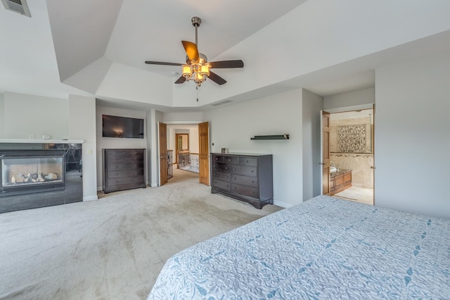 3908 Royal Portrush Dr, Naperville, IL 60564 - carpeted bedroom with a multi sided fireplace, baseboards, a raised ceiling, and a ceiling fan