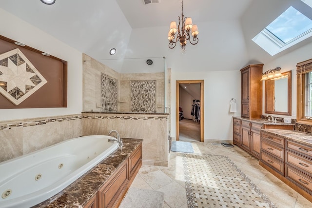 3908 Royal Portrush Dr, Naperville, IL 60564 - bathroom with a skylight, tiled shower, vanity, a whirlpool tub, and high vaulted ceiling