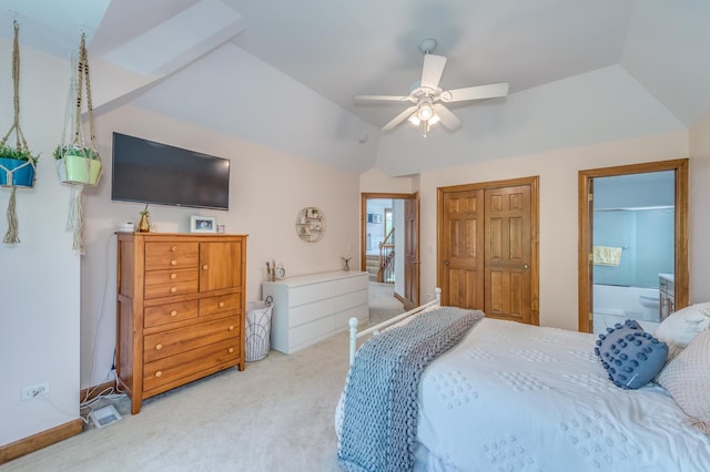 3908 Royal Portrush Dr, Naperville, IL 60564 - bedroom featuring carpet floors, vaulted ceiling, a closet, ensuite bathroom, and ceiling fan