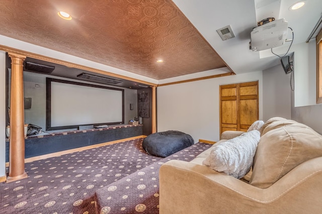 3908 Royal Portrush Dr, Naperville, IL 60564 - cinema with decorative columns, carpet floors, baseboards, and recessed lighting