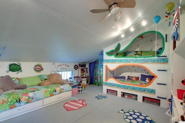 5620 Ridgeline Dr, Quincy, IL 62305 - carpeted bedroom with a textured ceiling and a ceiling fan