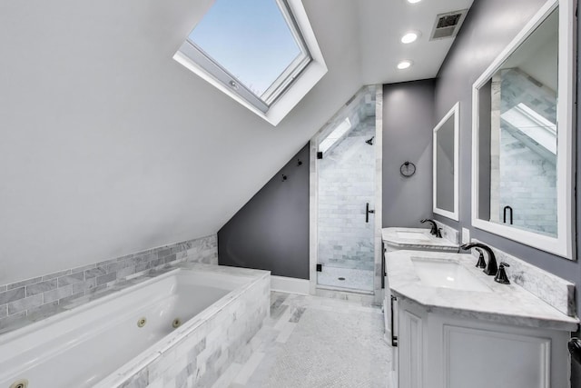 2642 N Drake Ave, Chicago, IL 60647 - bathroom with a shower stall, visible vents, a skylight, and a sink