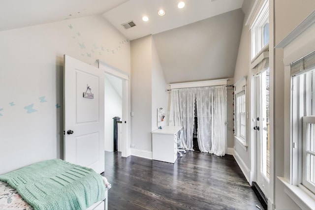 2642 N Drake Ave, Chicago, IL 60647 - interior space with high vaulted ceiling, visible vents, baseboards, dark wood-style floors, and recessed lighting